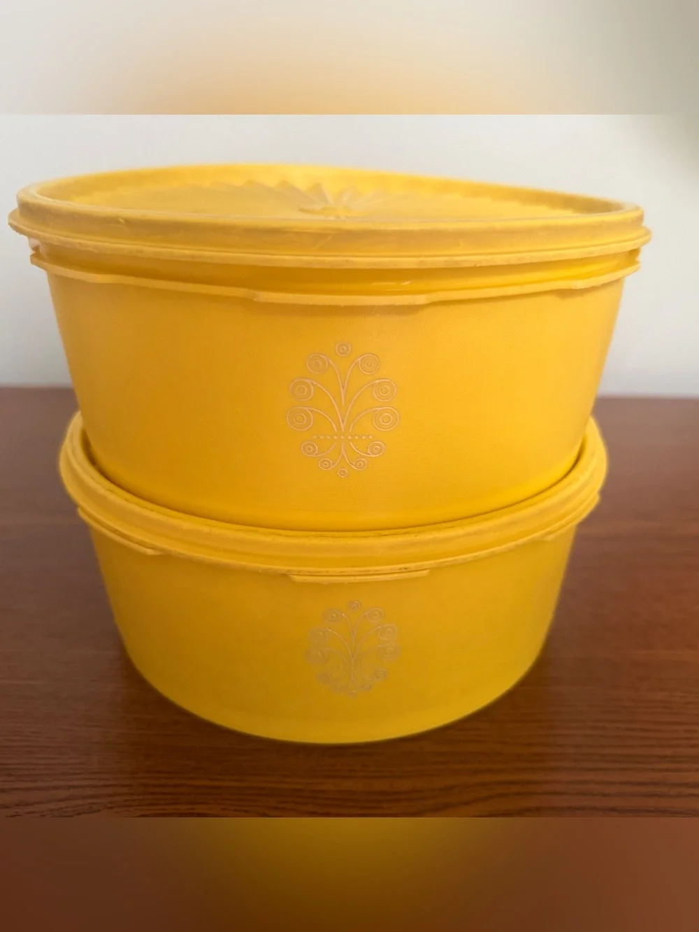 Two Tupperware Daffodil Yellow Stackable Food Storage Canisters #1204 with Lids